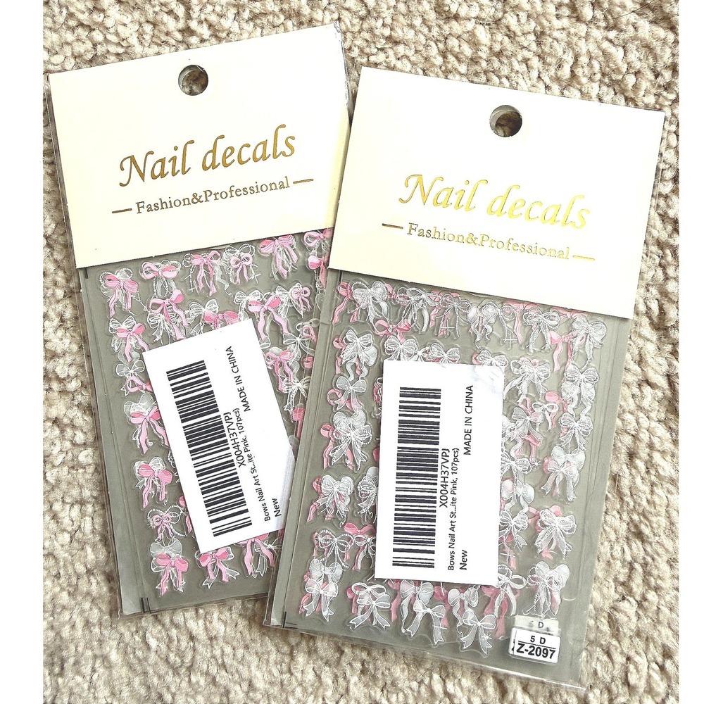 2 Pack Pink White Bow Nail Art Decals 5D Embossed Coquette Ribbon Stickers